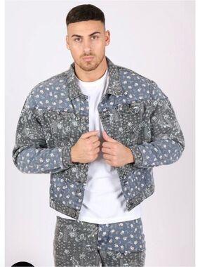 Liquor n Poker Oversized Trucker Jacket In Black Floral And Blue Paisley XL NWT